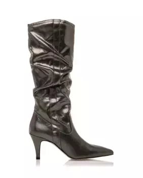 Высокие женские кожаные сапоги с мятым голенищем и тонким каблуком Mustang, темно-серый