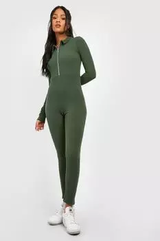 Высокий комбинезон с длинным рукавом и мягкой ребкой на молнии Boohoo, зеленый