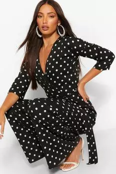 Высокий комбинезон в гороток с завязкой и поясом Boohoo, черный