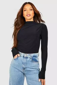 Высокий облегающий двухслойный топ со сборками и высоким воротником boohoo, черный