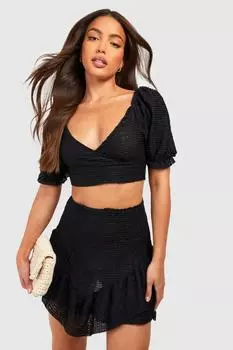 Высокий укороченный топ с кружевными текстурными рукавами Boohoo, черный