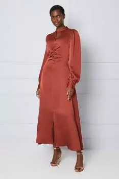 Высокое атласное платье миди премиум-класса со сборками и пуговицами Wallis, оранжевый