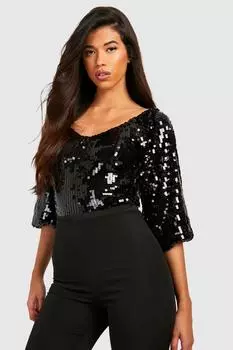 Высокое боди с узорным вырезом и пайетками Boohoo, черный