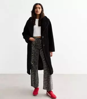 Высокое черное флисовое пальто New Look, черный