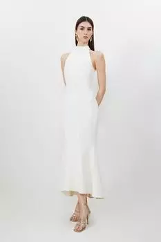 Высокое компактное эластичное платье миди с водопадом и высоким воротником Karen Millen, белый