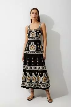 Высокое льняное тканое платье макси на бретелях с вышивкой Karen Millen, черный