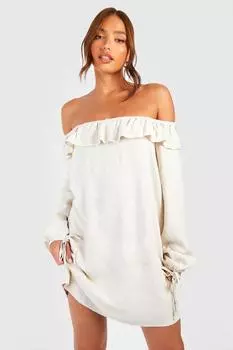Высокое мини-платье из льна с рюшами Boohoo, серый