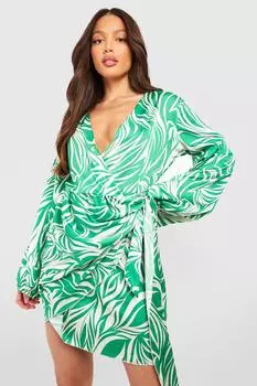 Высокое мини-платье с абстрактным принтом и завязкой по сторонам Boohoo, зеленый