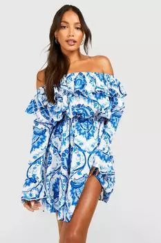 Высокое мини-платье с плиссированной юбкой и рюшами из фарфора с принтом Bardot boohoo, синий