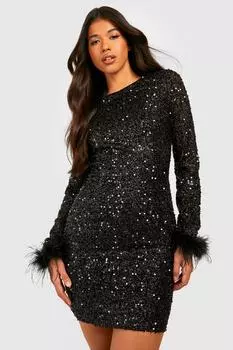 Высокое облегающее платье с манжетами из перьев и пайеток boohoo, черный