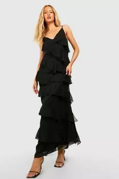 Высокое платье макси из шифона с рюшами Boohoo, черный