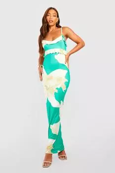 Высокое платье макси с цветочными рубками и брюками Boohoo, зеленый