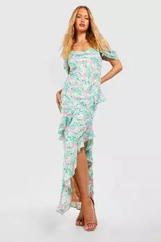 Высокое платье макси с холодными плечами и рубками, связанное крючком Boohoo, зеленый
