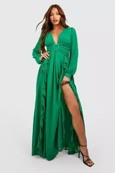 Высокое платье макси с вырезом и рюшами Boohoo, зеленый