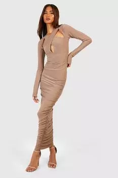 Высокое платье мидакси премиум-класса Soft Touch со сборками и вырезами по бокам boohoo, бежевый