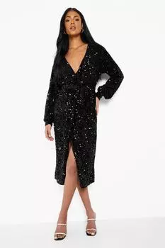 Высокое платье миди с пайетками и поясом Boohoo, черный