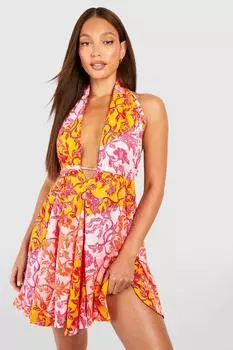 Высокое платье с погруженной клеткой и цветочным халтером Boohoo, розовый