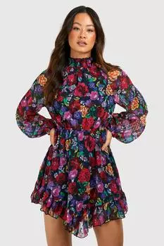 Высокое шифоновое свободное платье с высоким воротником и цветочным принтом boohoo, черный