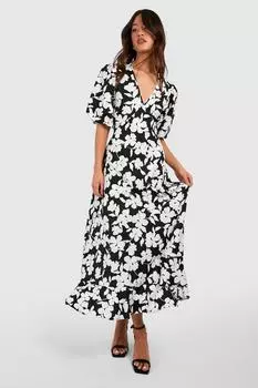 Высокое тканое платье мидакси с цветочным принтом boohoo, черный
