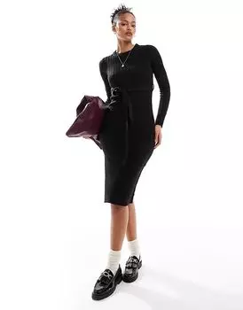 Высокое трикотажное платье миди с разрезом черного цвета Brave Soul