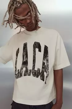 Выстиранная футболка с принтом свободного кроя H&M, бежевый