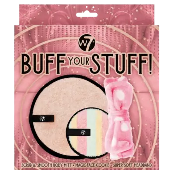 W7 Buff Your Stuff! подарочный набор: перчатка для отшелушивания 1 шт + ватный диск для снятия макияжа 1 шт + повязка на голову 1 шт