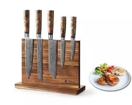 Wakoli Culinary Sycamore I Набор ножей из 6 предметов I 5 кухонных ножей и магнитный блок для ножей