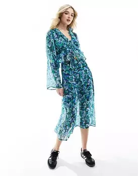 Wednesday's Girl – Юбка миди из воздушной сетки бирюзового цвета с размытым цветочным узором, однотонная