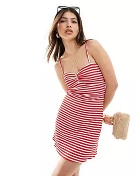 Wednesday's Girl Короткое фактурное платье на тонких бретельках в красно-белую полоску