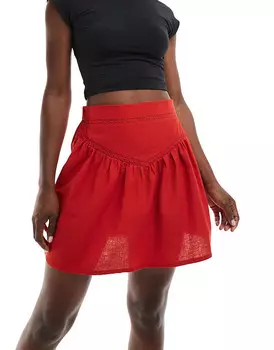 Wednesday's Girl – Малиновый мини-юбка-тройка из искусственного льна с декоративным швом