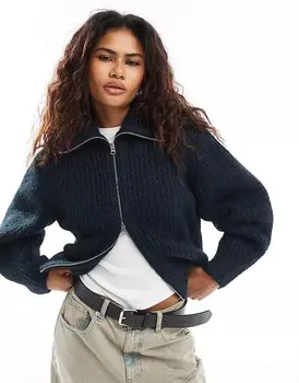 Weekday — Bea — кардиган из смесовой шерсти с большим воротником и застежкой-молнией темно-синего меланжевого цвета