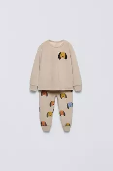 велюровая пижама с принтом собаки ZARA, кэмел