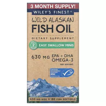 Wiley's Finest, жир диких аляскинских рыб, 630 мг, 180 капсул, которые легко глотать