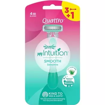 Wilkinson Sword MyIntuition Smooth Sensitive Quattro Одноразовая бритва для женщин 4 лезвия 2 смазывающих полоски с алоэ вера и витамином Е — упаковка из 3+1