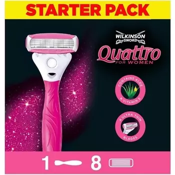Wilkinson Sword Quattro для женщин, гладкая ручка для бритвы + 8 сменных лезвий, набор из 9 предметов