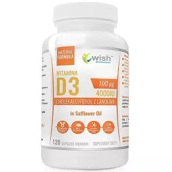 Wish, Витамин D3 4000 МЕ Холекальциферол из ланолина, Биологически активная добавка, 120 капсул