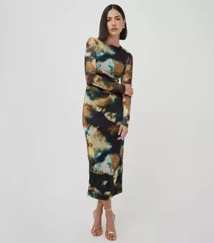 WKNDGIRL Черное сетчатое платье миди с длинными рукавами и абстрактным принтом WKNDGIRL, мультиколор