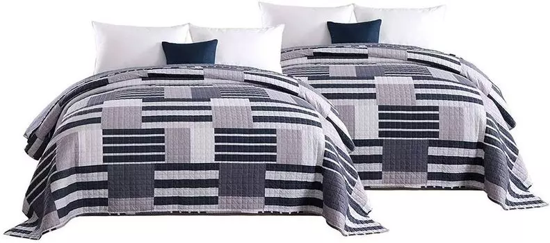 WOLTU 2 покрывала на кровать, лоскутное одеяло, двусторонний дизайн, стеганое одеяло, двуспальная кровать с подкладкой и стеганой отделкой, синий + белый, 220x240 см