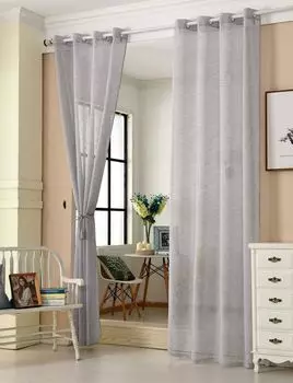 WOLTU комплект из 2 прозрачных штор с люверсами, имитация льна, гардина на люверсах, гардины, занавеска на окно из вуали, декоративная гардина, светло-серый 140 х 225 см