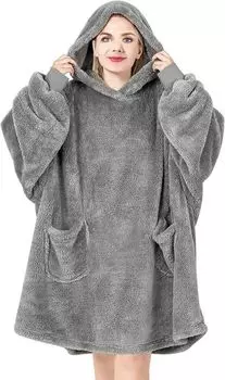 WOLTU Толстовка с капюшоном, плед с рукавами и капюшоном, мягкий плед, пушистый, теплый пуловер, плед для надевания на взрослых, плед-свитер на зиму, серый, 95х85 см