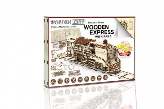 Wooden.City, 3D пазл Локомотив и железнодорожные пути
