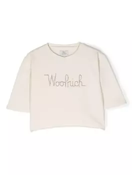 Woolrich Kids укороченная футболка с вышитым логотипом, нейтральный цвет