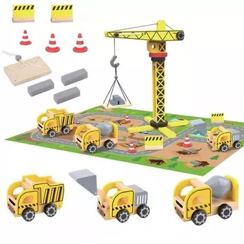 WOOPIE GREEN Деревянная строительная площадка 5в1 Мобильный кран XXL Строительная техника 13 шт.