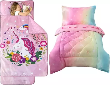 Wowelife Комплекты постельного белья для малышей из 4 предметов для девочек Розовый коврик для сна для малышей со съемной подушкой и флисовым одеялом