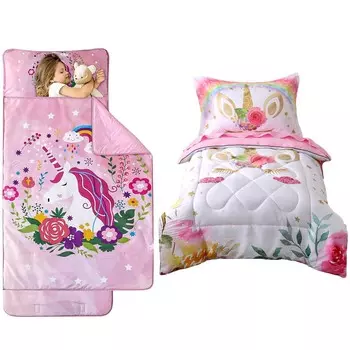 Wowelife коврик для сна для малышей со съемной подушкой и флисовым одеялом, комплект постельного белья для малышей с единорогом для девочек, розовый комплект из 4 предметов с единорогом
