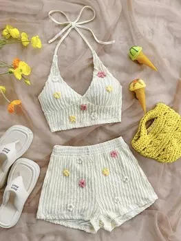 WYWH Абрикосовые вязанные шорты с v-образным вырезом, открытой спиной и эластичной резинкой на талии, Женский комплект из двух предметов Shein, абрикосовый