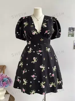 WYWH (большой размер) Мини-платье, цветочный узор, снова в школу, простая Женская мода, V-образный вырез, эластичная талия, рукава-фонарики Shein, мультиколор