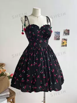 WYWH Черное платье с вишневым принтом и чашкой в романтическом стиле, повседневное платье больших размеров, праздничное платье Shein, мультиколор