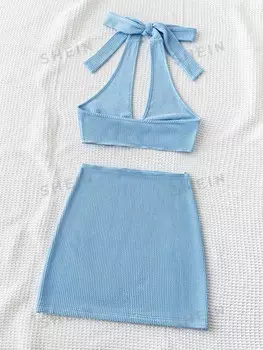 WYWH Holiday Seaside Топ с бретельками и открытая юбка-миди из фактурной ткани, синий, из 2 предметов Shein, синий