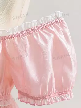 WYWH Милая пышная шифоновая рубашка Для женщин больших размеров, розовый, с открытым плечом, рукавами-фонариками, для школьных мероприятий, вечеринок или послеобеденного чаепития Shein, розовый